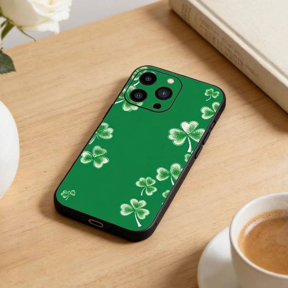 Lucky-Four-leaf Clover Phone Case For iPhone 17 16 15 14 13 12 Max Plus Silicone Black Cover