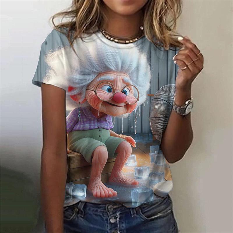 Summer Round Neck 3D Cartoon Grandma Image Pattern Printed Top Fashionable Casual Short Sleeved Women's T-shirts