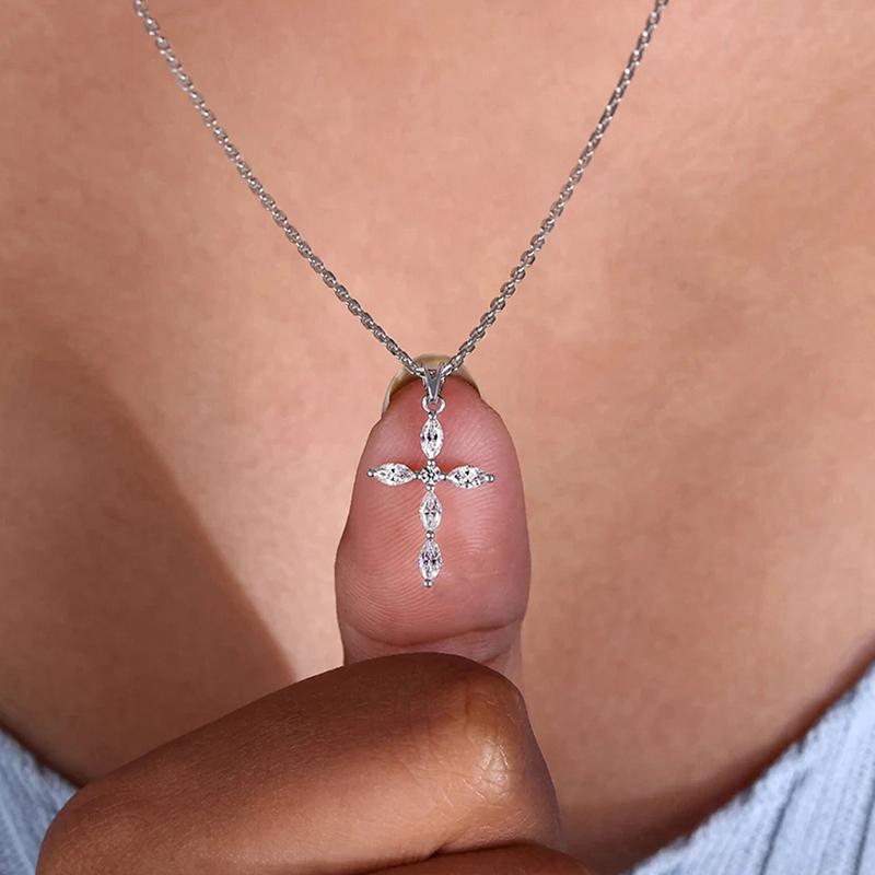 Huitan Exquisite Cross Shaped Pendant Necklace for Women Inlaid Sparkling Crystal Cubic Zirconia Daily Party Statement Jewelry