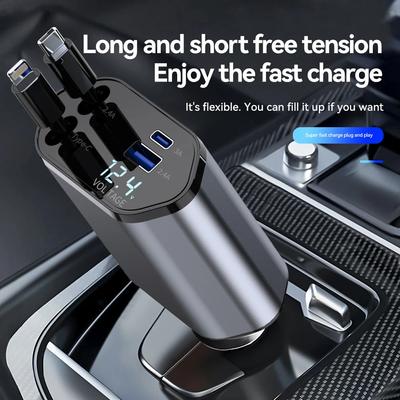 Cargador de coche 4 en 1 de 120 W, adaptador retráctil para encendedor de coche, cable de carga rápida USB tipo C para iPhone, Xiaomi, Huawei y Samsung.