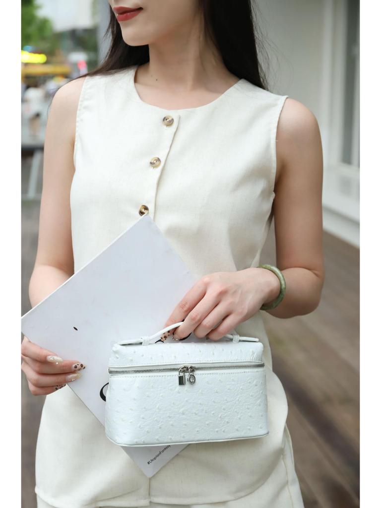 Genuine Leather Ostrich Pattern Women's Handbag & Crossbody Cosmetic Bag