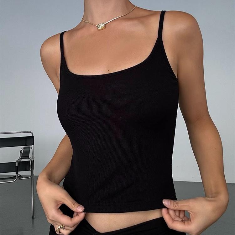 2025 Summer Women Cotton Solid Slim With Chest Pads Crop Tops Female Harajuku Camis Sexy Sleeveless Soft Tank Top Sweet Sling Tops