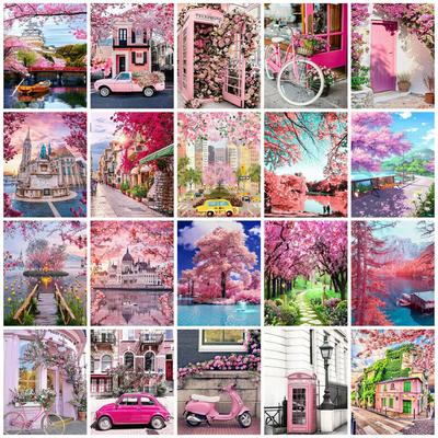 Full Square Round Diamond Painting Kit Cherry Blossoms Tree Diy Embroidery Mosaic Building Landscape Home Decor
