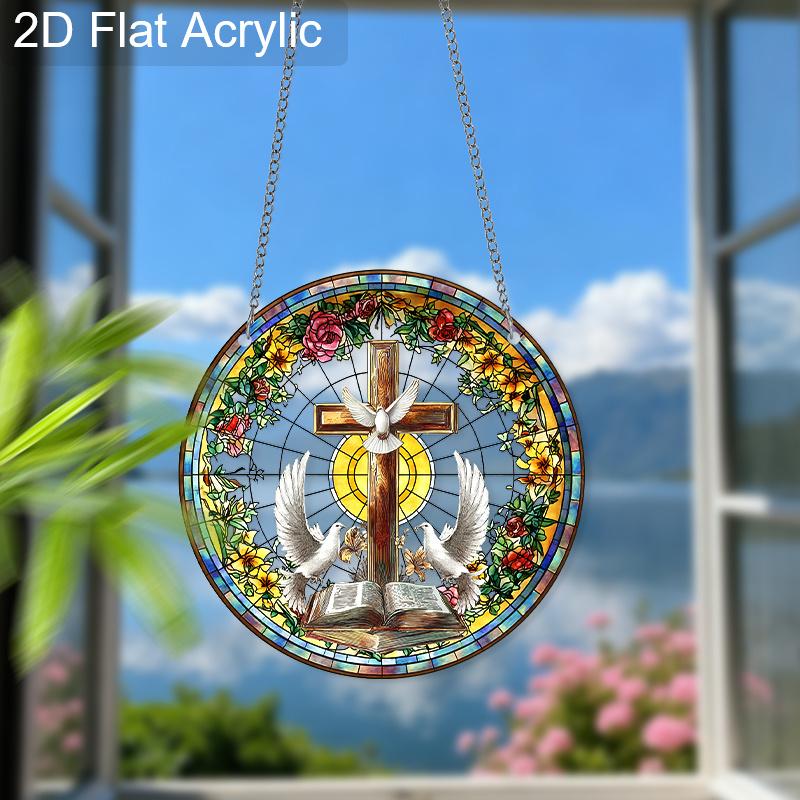 Acrylic Christian Cross with Doves and Bible Suncatcher, Stained Glass Effect Window Hanging Ornament for Religious Faith Gifts