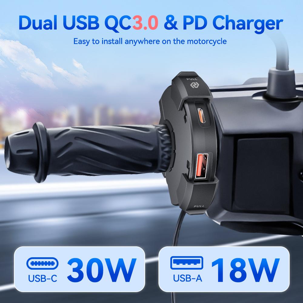 Motorcycle USB Quick Charger, Waterproof Socket with Type-C Cell Phone Port, Mobile Power Socket, Motorcycle Socket,12V