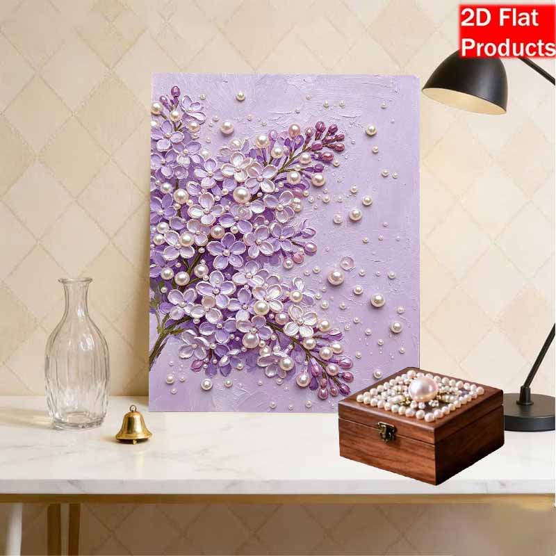 Handmade Framed Pearl Bead Painting Kit Elegant Purple Lilac Flower 3D Shiny Canvas Art Ready to Display Home Decor Modern Gift Idea