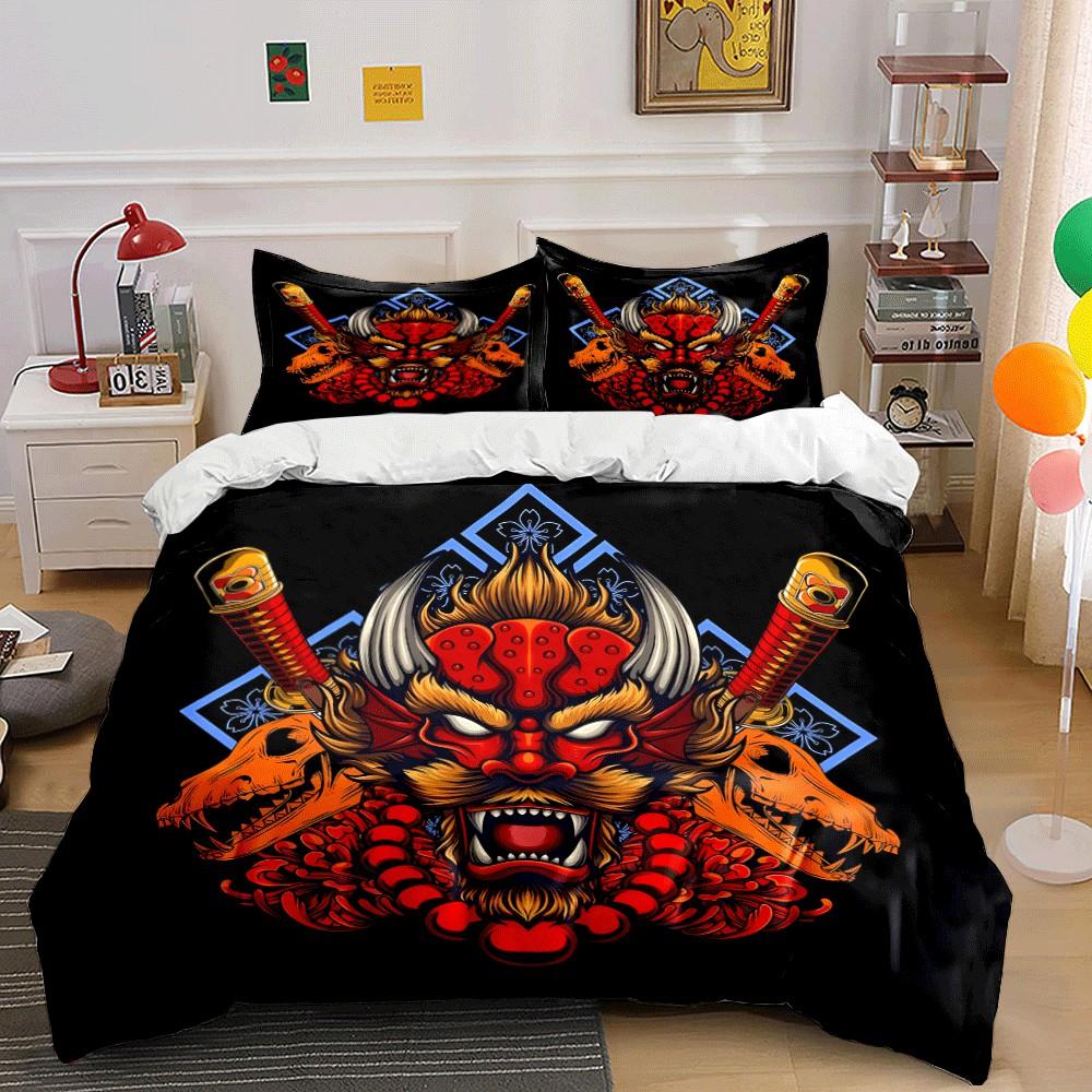 "Samurai Demon Skull Design Trio" Exquisite Three-Piece Bedding Set Gift For Kids And Adults