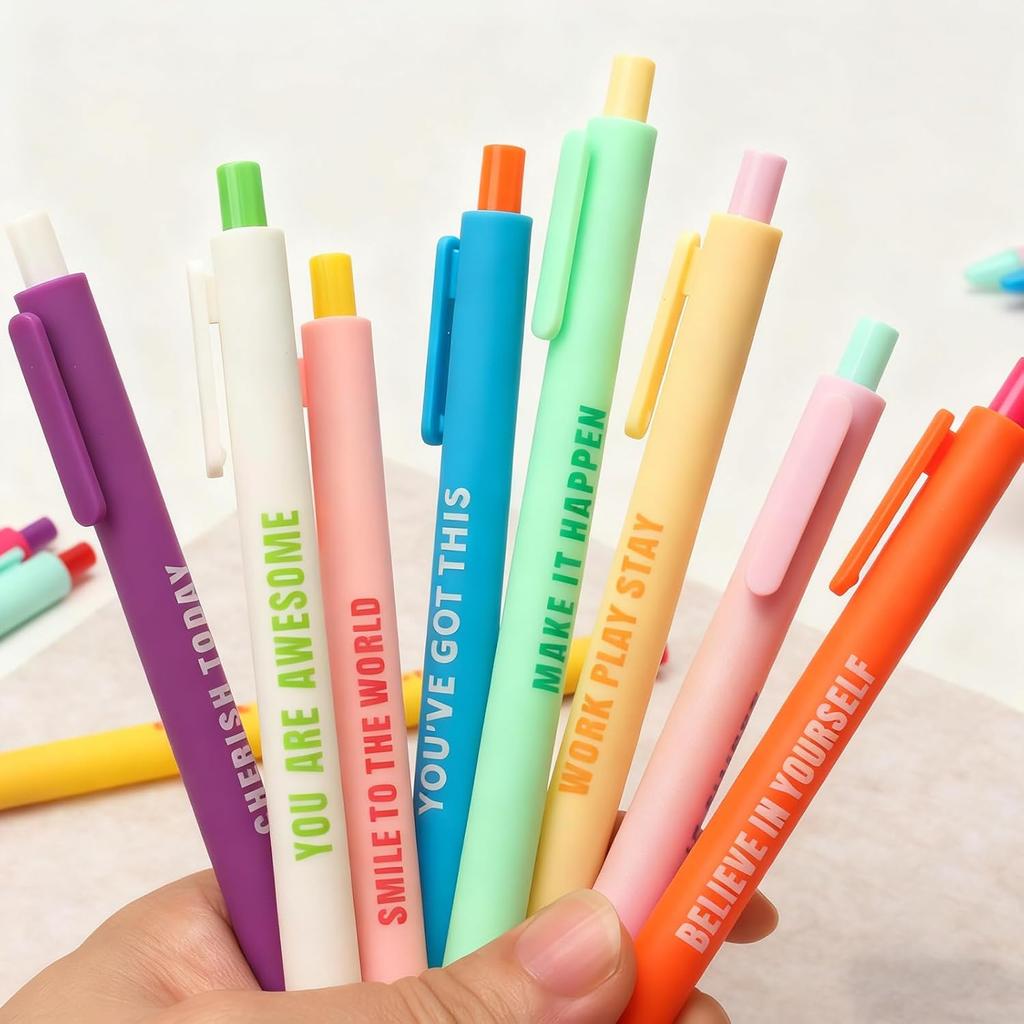 CAIGANS&CM 12 Pcs Motivational Retractable Ballpoint Pens with Positive Affirmations - Funny pirational Quote Pens for Office, School, Home (Bulk