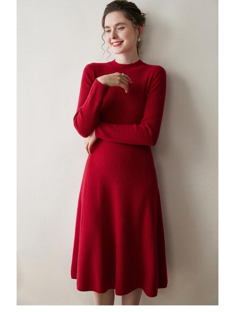 Women's Cashmere Ribbed Midi Dress - Autumn/Winter Solid Color, Slimming Over-Knee Wool Sweater.
