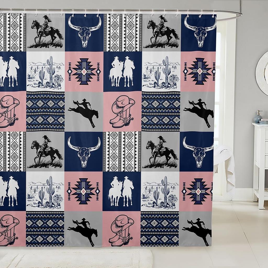 Southwest Shower Curtain, Geometric Aztec Tribal Pattern Bathroom Curtain Vintage Striped Western Waterproof for Kids Girls