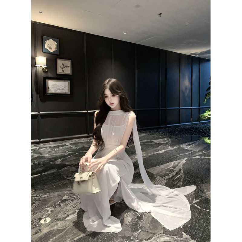 

Kumikumi Gentle Wind High Sense Mesh Patchwork Dress Women Summer Waist Hugging Ribbon Split White Long dress White L