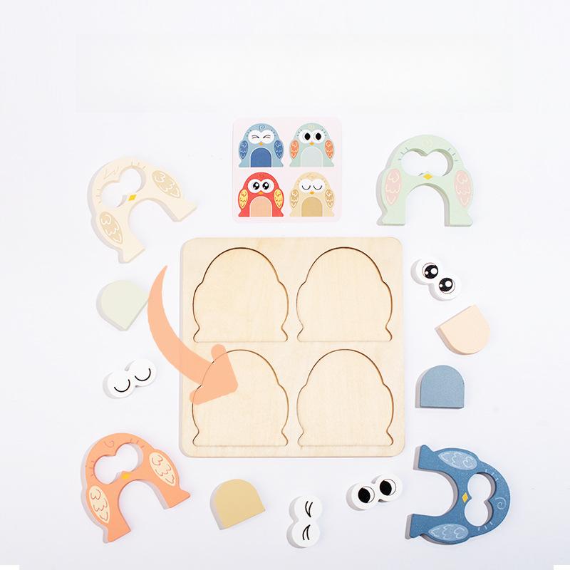 

Owl Tangram Montessori Puzzles Toys Face Change Expression Shape Matching Games Intelligence Educational Wooden Toys for Kids