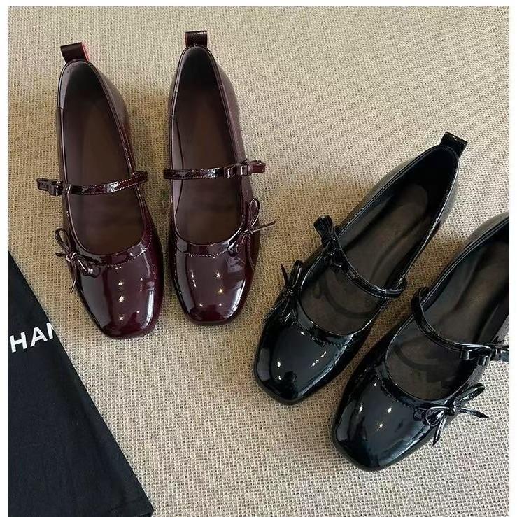 Lammfell-Version~ Mary Jane Einzelspangen-Schuhe aus echtem Leder mit Schleife für Frühling und Herbst, Damen-Schuhe mit kleinem eckigen Zeh und kleinem Riemchen