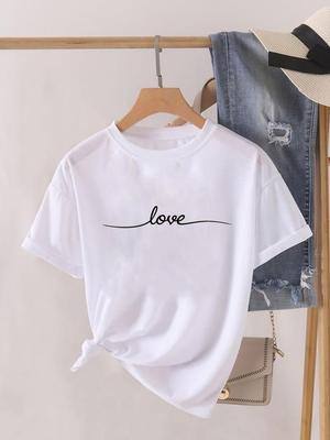 (Asian Size) Trend Love Cute Letter Short Sleeve T Shirt O-neck Tee Clothing Top Casual Fashion Print Lady Female Women Graphic T-shirts