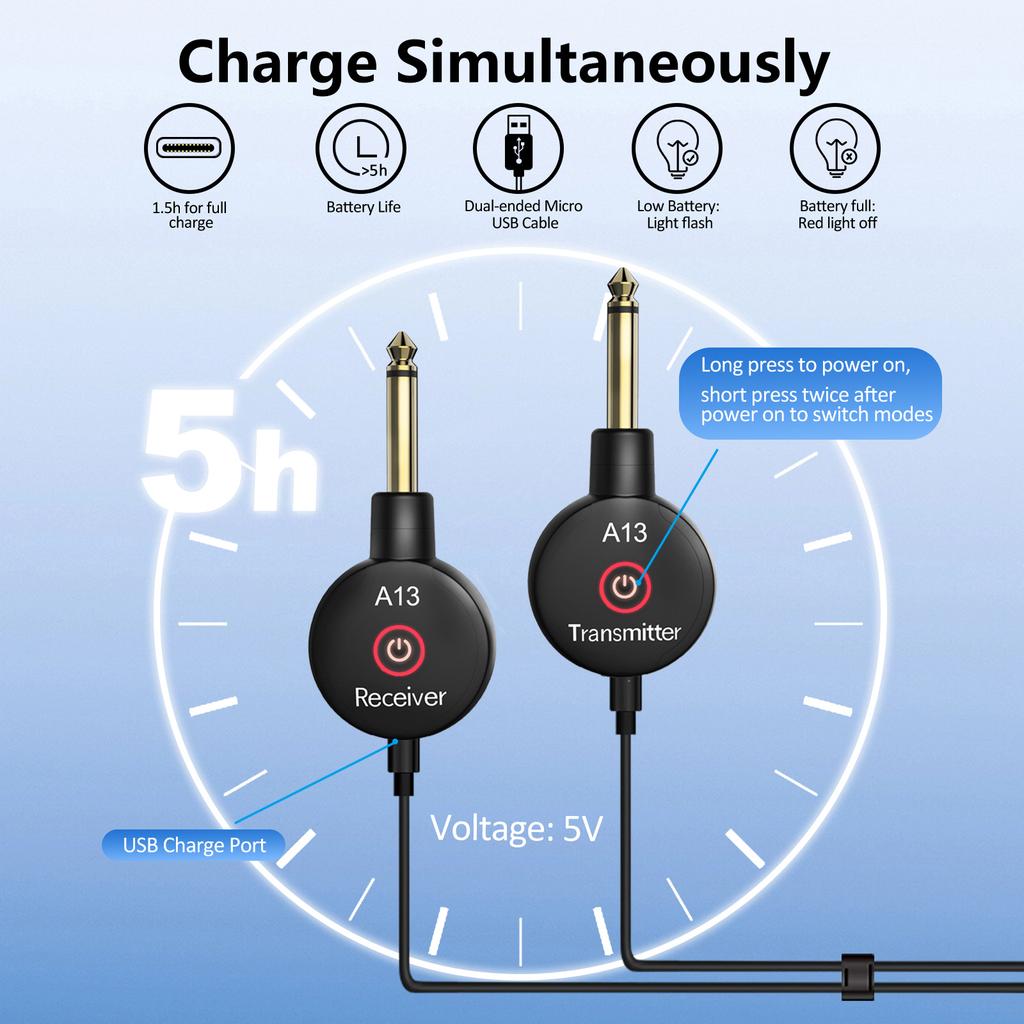 2.4G Wireless Guitar System Rechargeable Guitar Transmitter Receiver Dual Modes Switching Plug and Play Automatic Pairing