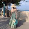 New Light Green Printed Suspender Dress Yunnan Seaside Vacation Lu Chao Slim Back Dress Summer