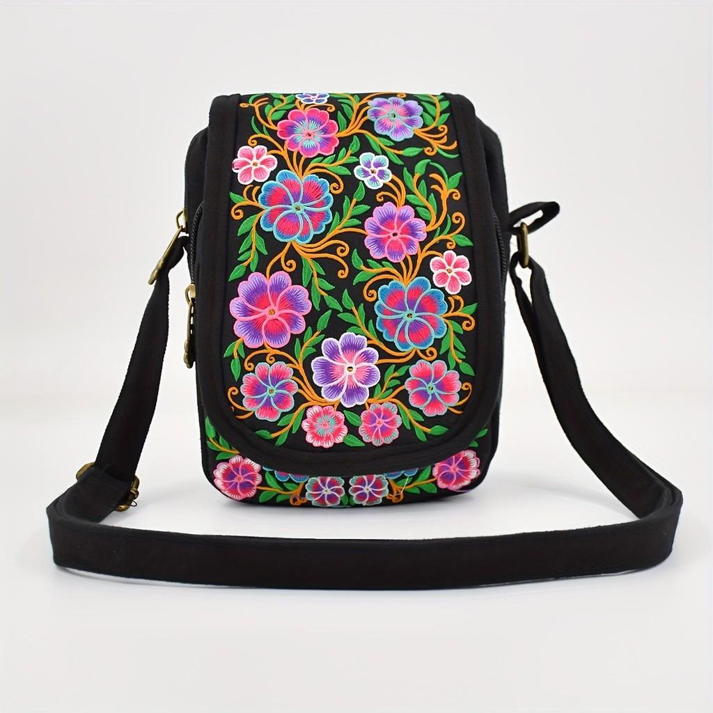 Vintage Chinese Style Embroidered Canvas Crossbody Bag With Multiple Pockets For Daily Use