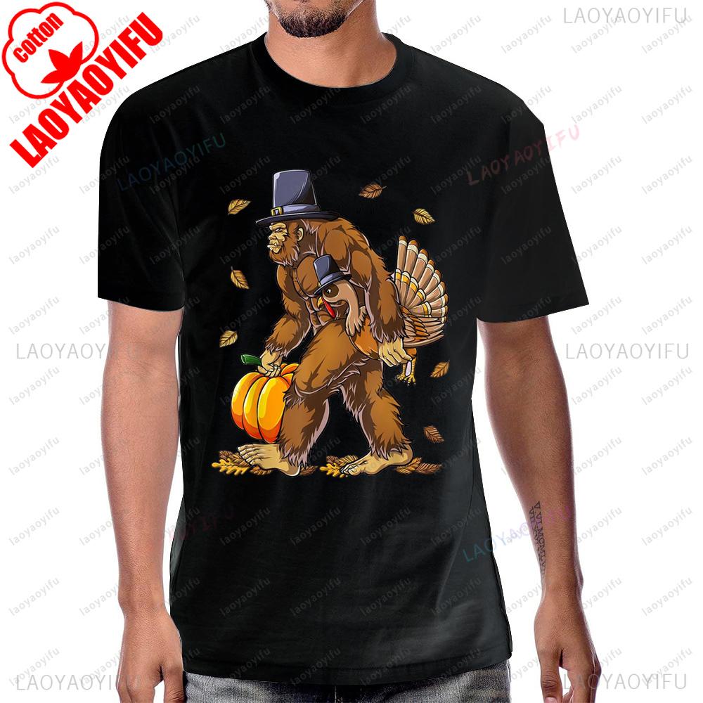 Bigfoot Turkey Pumpkin Thanksgiving Sasquatch Tshirt Casual Fashion Loose Short Sleeve Cool Unisex T Shirt Y2K Unisex Streetwear