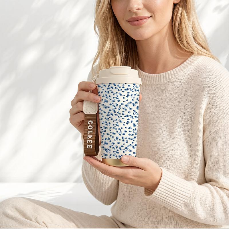 Coffee Mug 532ml Tiny Floral Element Lanyard Insulated Cup Leakproof Coffee Cup Heat Proof Travel Cup Stainless Insulated Cup Large Capacity Cup Coffee Mug 532ml