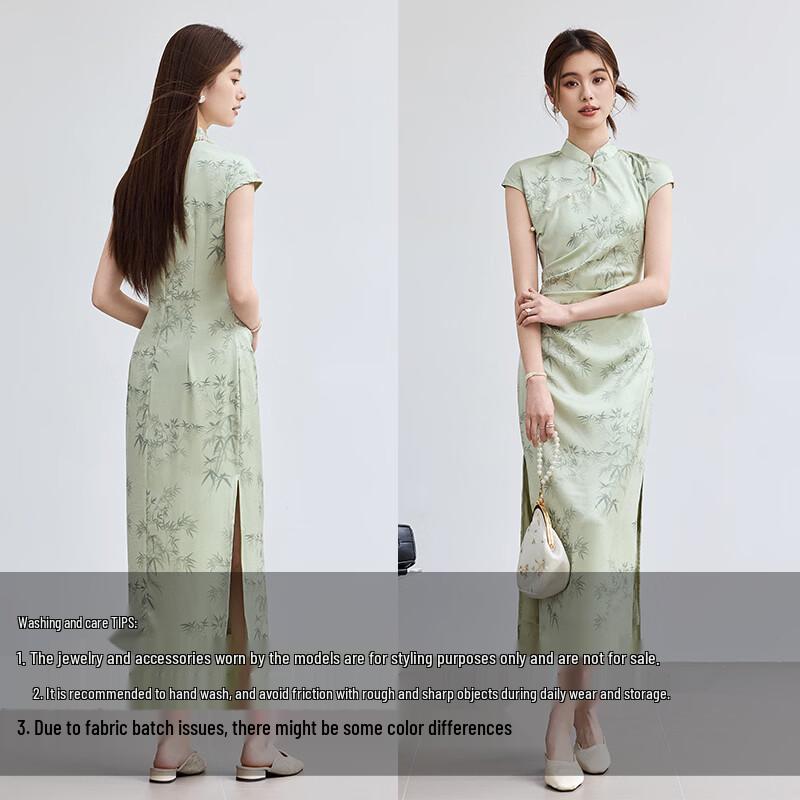 VICTORIA&VERA Summer New Chinese Style Emerald Green Bamboo Print Side Slit Cheongsam Dress