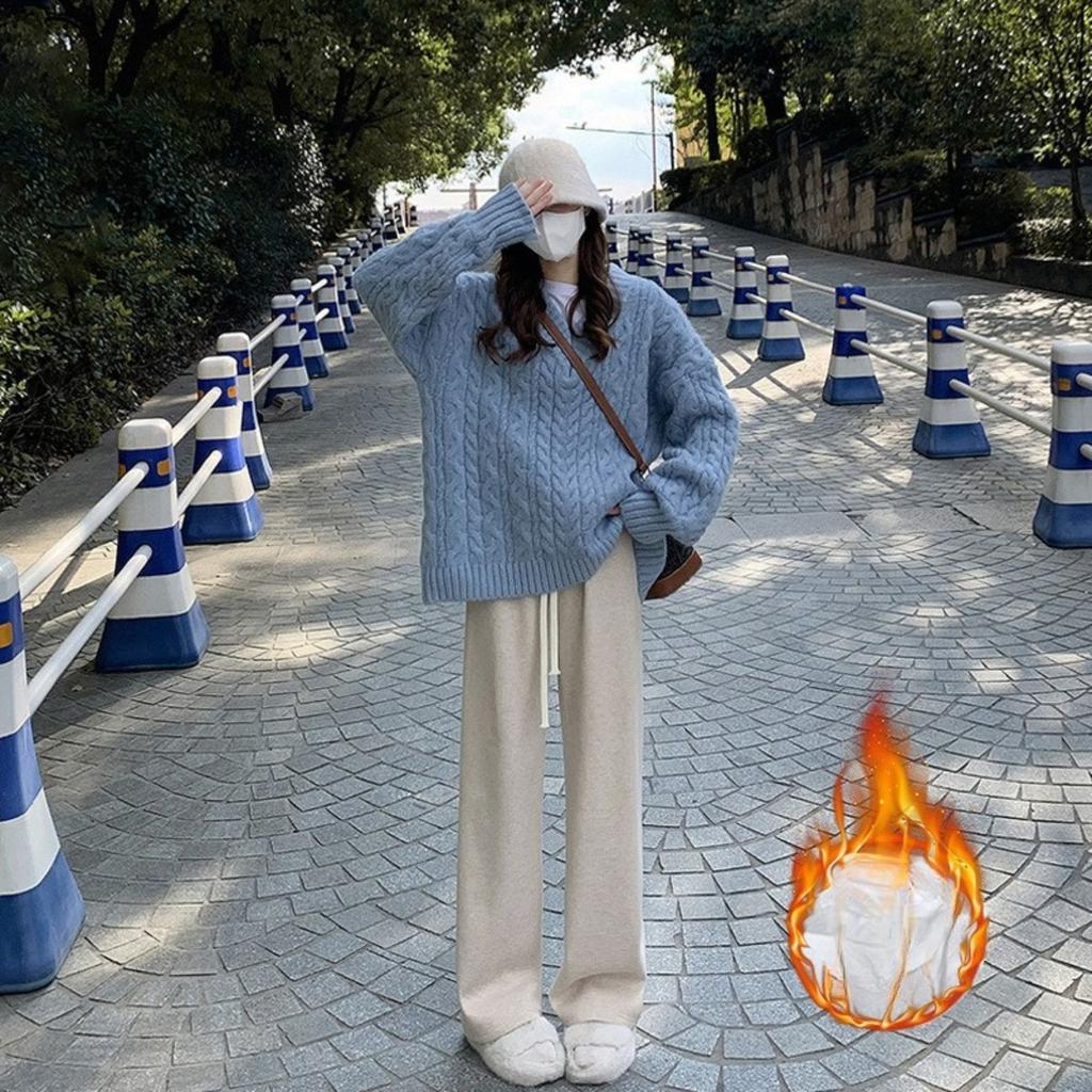 Plush, Knitted Pants, Women's Pants, Plush, Thickened, High Waisted Pants, Loose, Casual Pants, Straight Leg Pants, Wide Leg Pants
