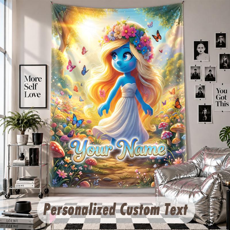 Wall Hanging Tapestry With Custom Name & Text, Smurfs Decorative Tapestry For Bedroom