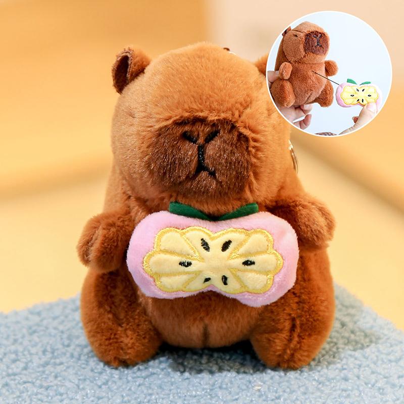 12Cm Cute Plush Capybara Holding Fruit Quick Pull Keychain Toy Cartoon Capybara Fluffty Animal Doll Plush Pendant Accessories