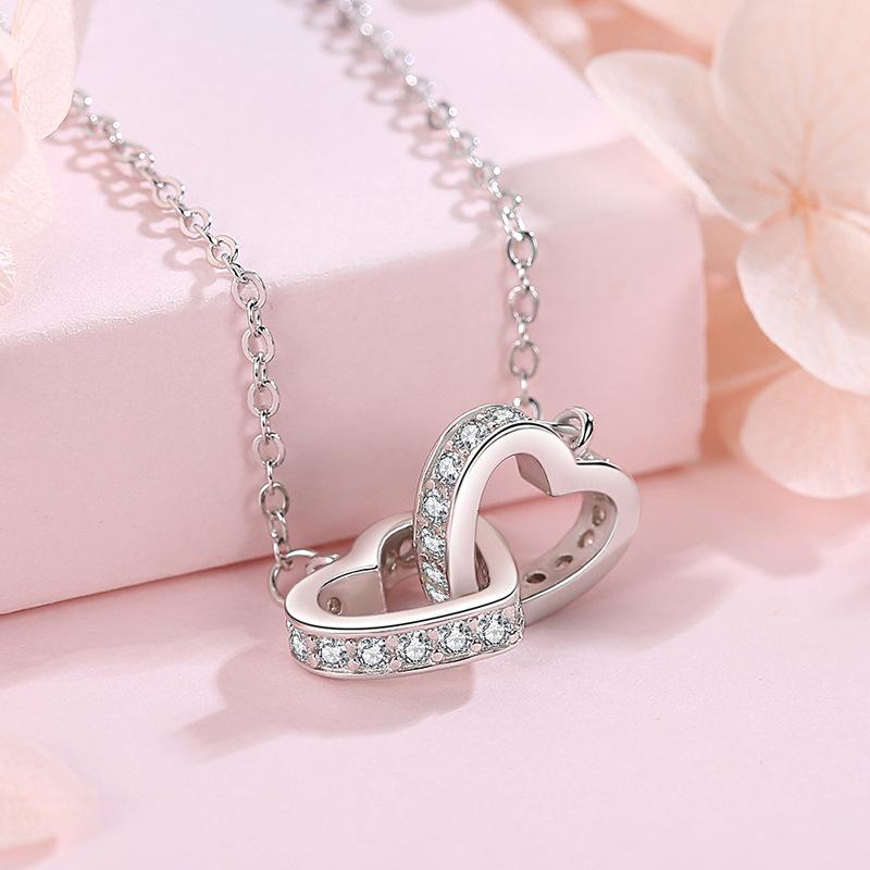 S925 Silver Heart-Shaped Buckle Clavicle Necklace Heart-Shaped Korean Style All-Match Minority Simple Style Fashion