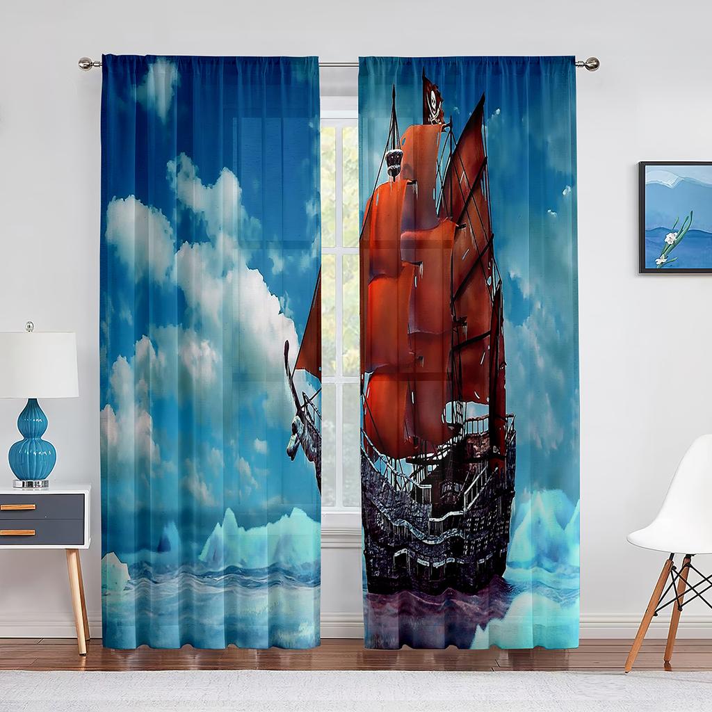 Pirate Ship Nautical Fantasy Ocean Starry Sky Tulle Curtains for Living Room Bedroom Kitchen Window Chiffon Sheer Curtain Blinds