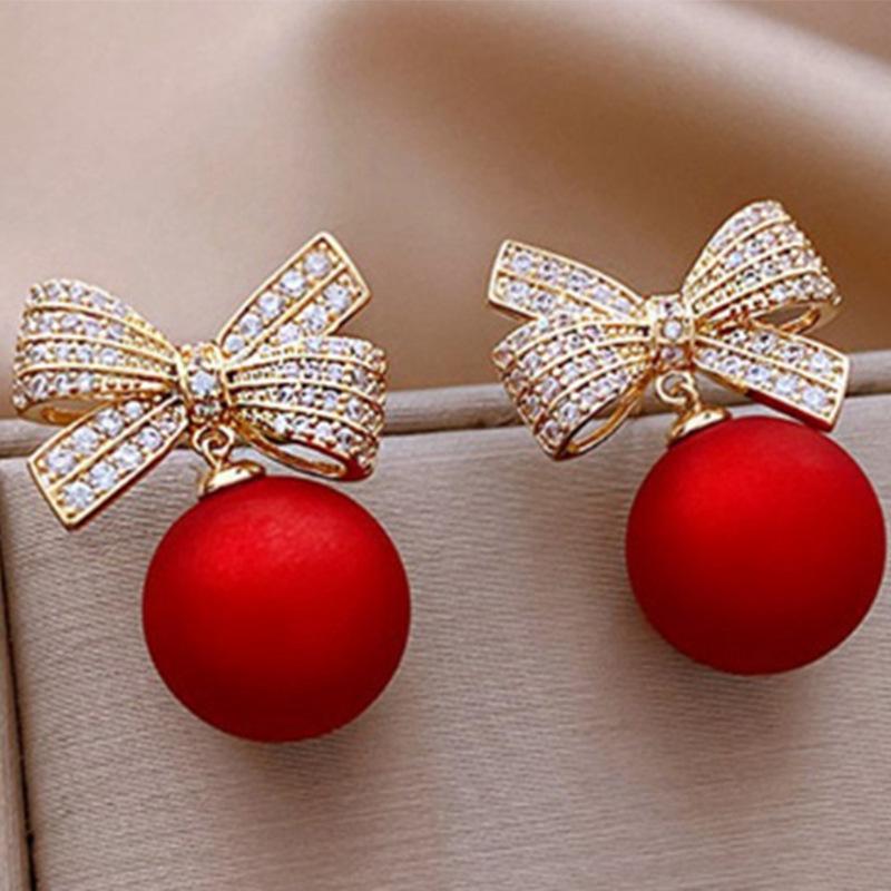 S925 Silver Needle Red Pearl Diamond Earrings - Light Luxury European and American Christmas Style
