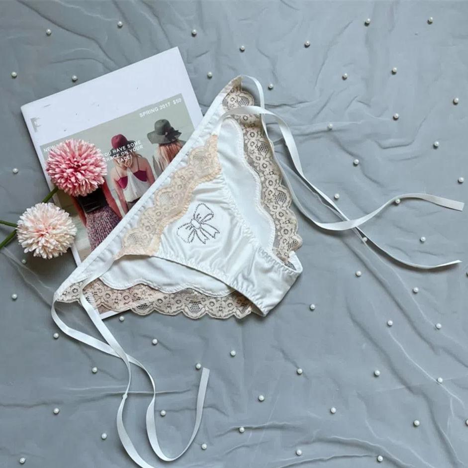 Crystal Bow Rhinestone Satin Panties Ice Silk Lace Briefs for Women Sweet Lace Tie Panties  Girl