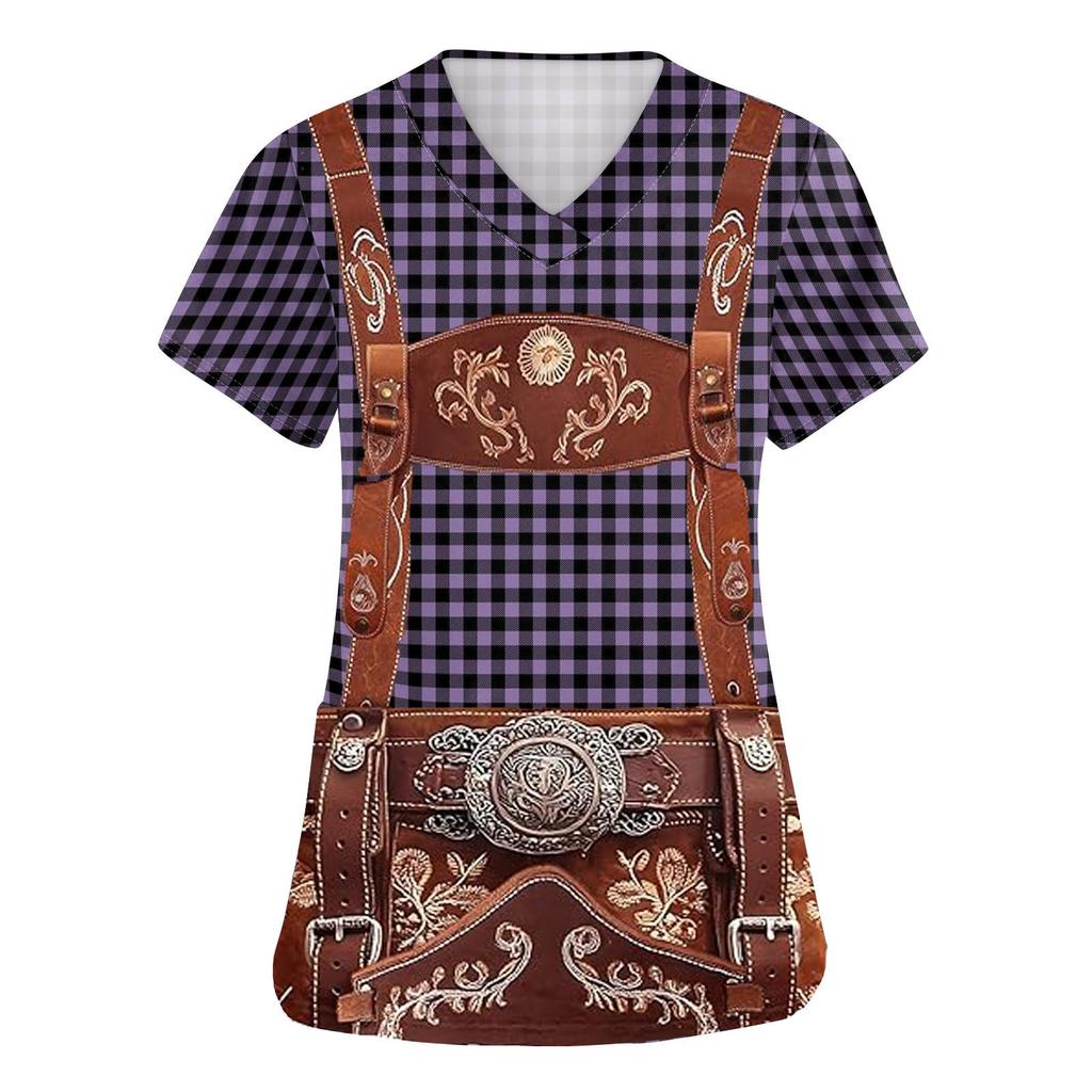 Women's V Neck Short Sleeve Work Shirt with Pocket Oktoberfest Print Top for Caregivers and Service Staff Comfortable Fit