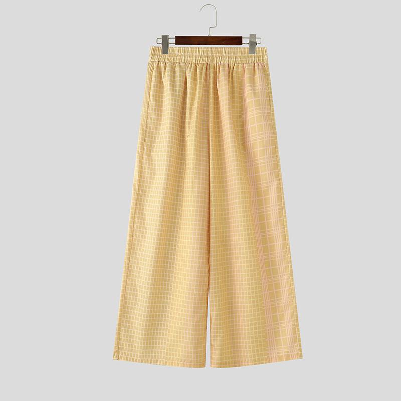 INCERUN Men's Plaid Wide Leg Trousers Elastic Waist Casual Straight Loose Pants