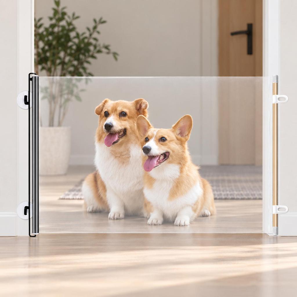 Retractable Pet Barrier Transparent Dog Gate with Hooks Extendable for Hallways