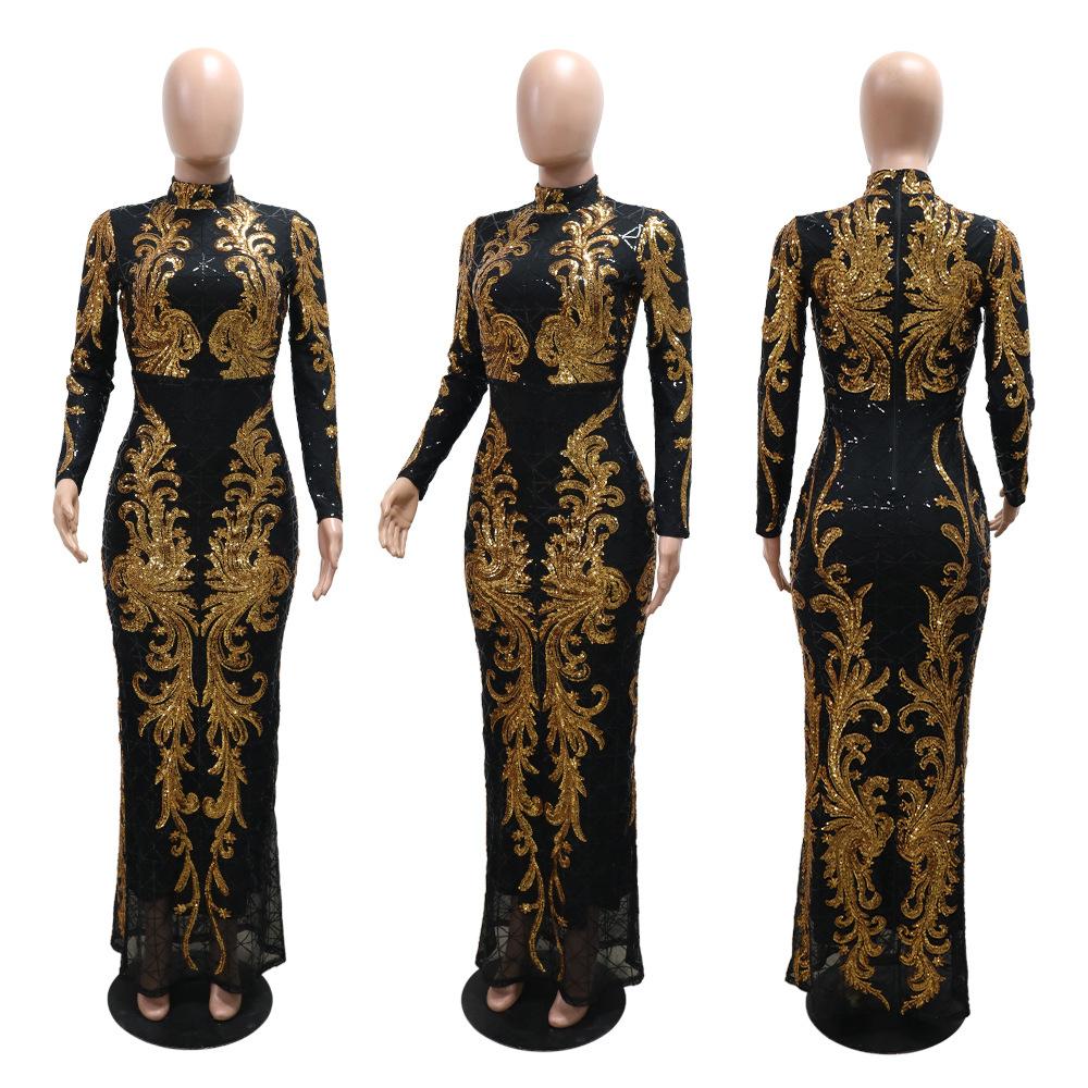Women's Fashionable Sequined Long-sleeved Body-hugging Fishtail Dress and Slimming Dress