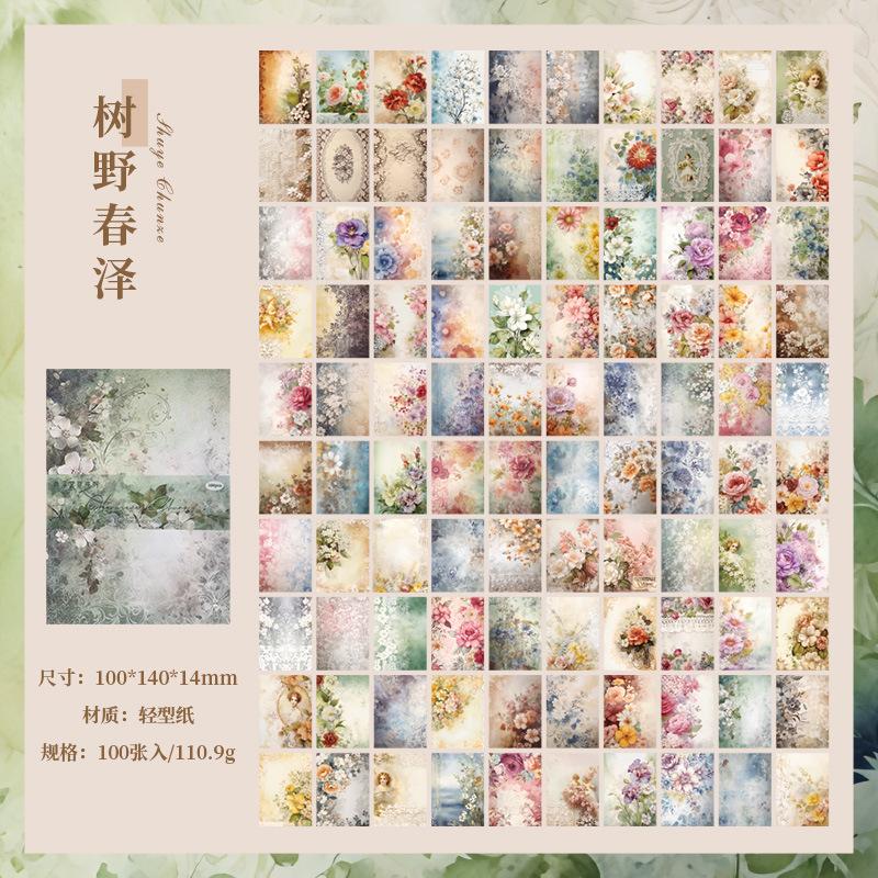 100 pcs Vintage Flowers pattern material paper DIY Decoration Scrapbook background paper for Junk Journal craft paper