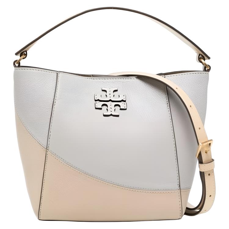 Tory Burch Mcgraw Double T Logo Striped Quilted Hardware Bucket Bag Women Bags Gray Beige 152218-029