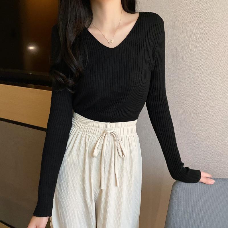 Sweater women's autumn and winter new versatile slim-fitting v-neck bottoming knitted sweater foreign style inner long-sleeved tight top