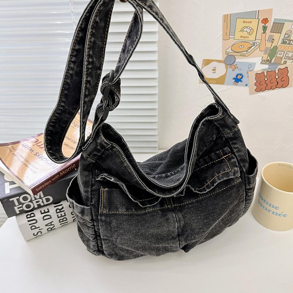 Women Denim Shoulder Bag Vintage Daily Tote Bag Large Casual Satchel Bag With Adjustable Strap Ladies Retro Crossbody Sling Bag