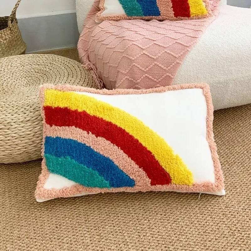 Bohemian Style Rainbow Pillow Cover Soft Cotton Linen With Tassels And Embroidery