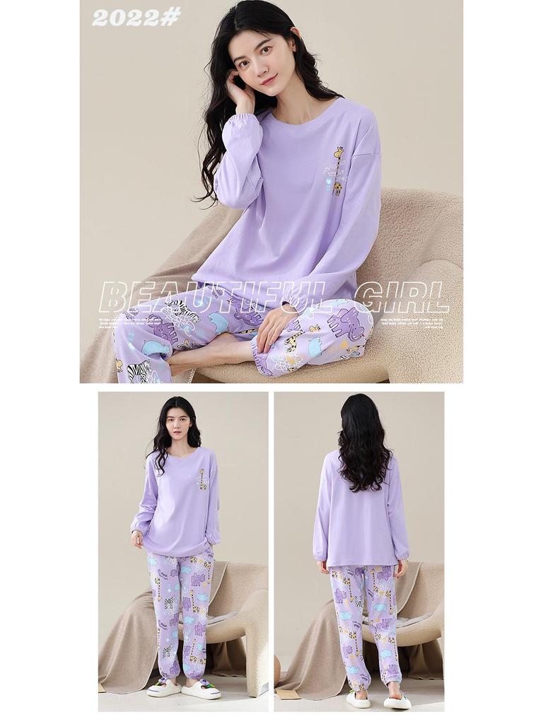 Women's Korean-Style Pure Cotton Printed Long Sleeve Pajama Set for Autumn/Spring