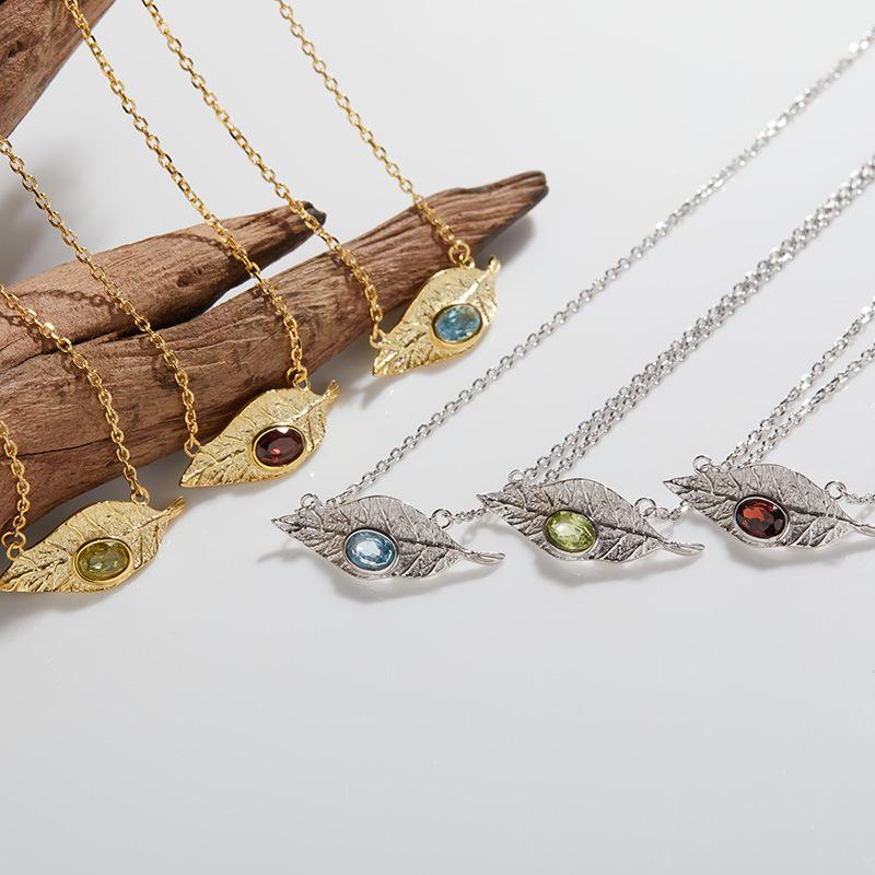 Original Leaf Design S925 Sterling Silver With Natural Garnet Topaz Peridot Colored Treasure Necklace Set