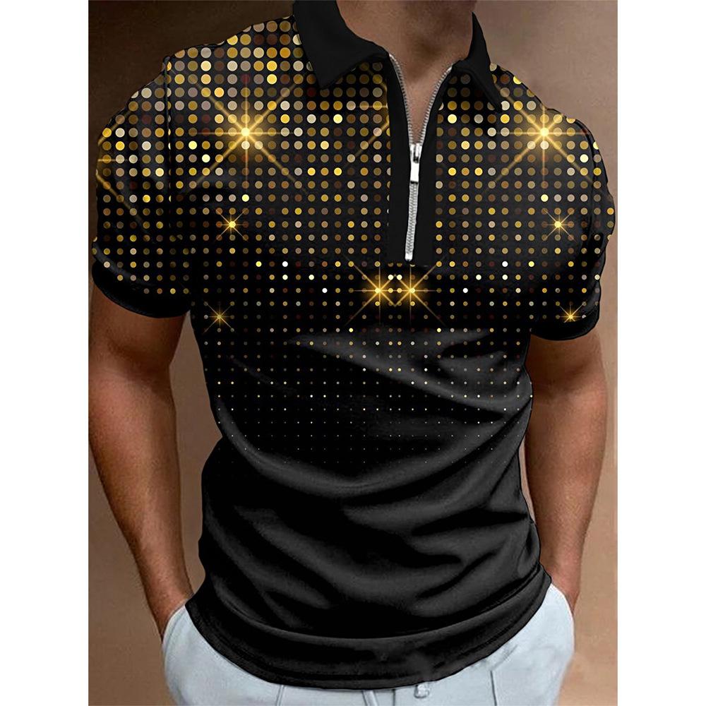 Trendy Chain Print Short Sleeve Polo Shirt, Stylish Men's Casual Top