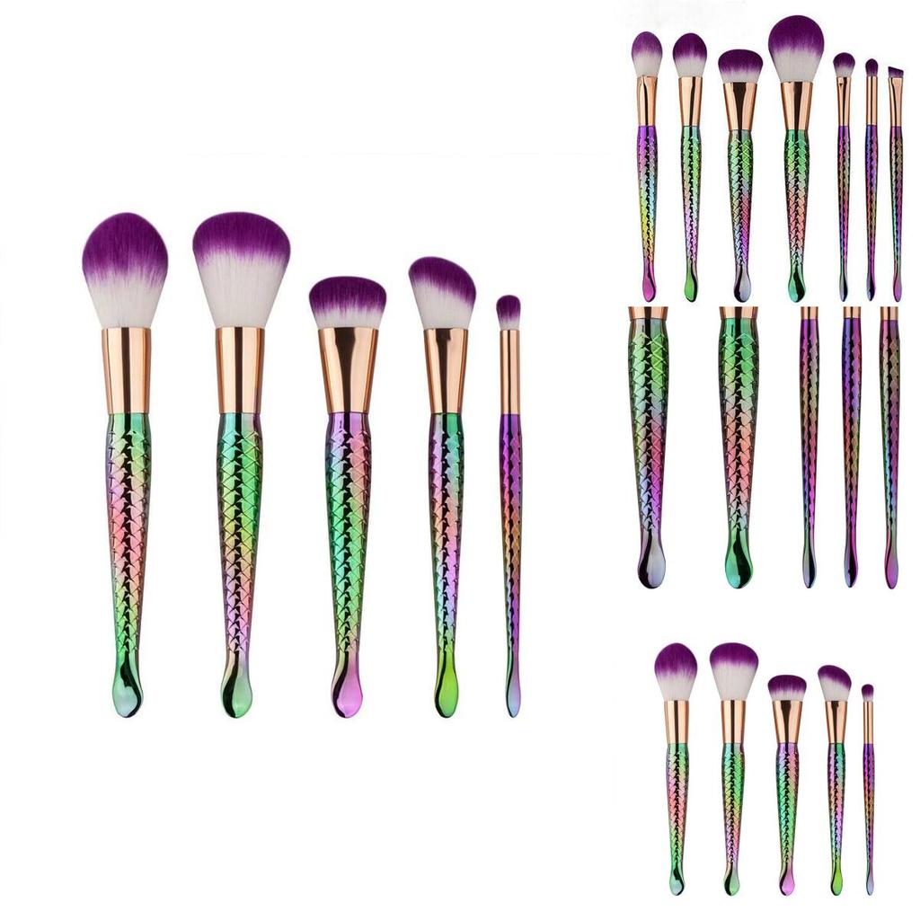 Gujhui Mermaid Makeup Brush Set 5 Pieces Nylon Brushes Long Handle Purple Hair Exquisite Design