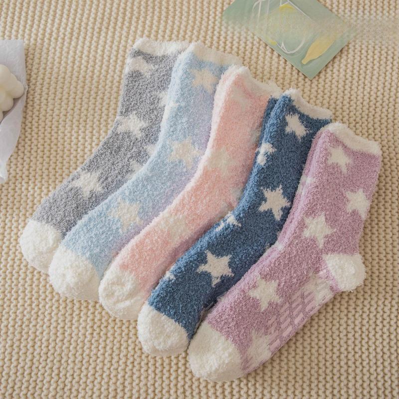 Non-shedding Coral Fleece Socks, Women's Glue Anti-slip Floor Socks, Star Half-fleece Winter Mid-calf Sleeping Socks