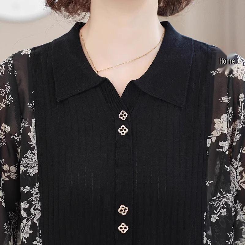 Frühling 2025 Damen Langarm Strick-T-Shirt mit Gazeärmeln für Mütter mittleren und höheren Alters