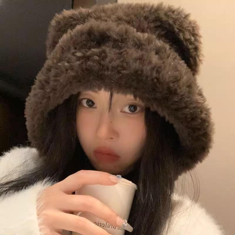 Upgraded Thickening Cute Plush Bear Ears Hat for Women Autumn and Winter Warm Woolen Hat Ear Protection Knitted Lei Feng Hat