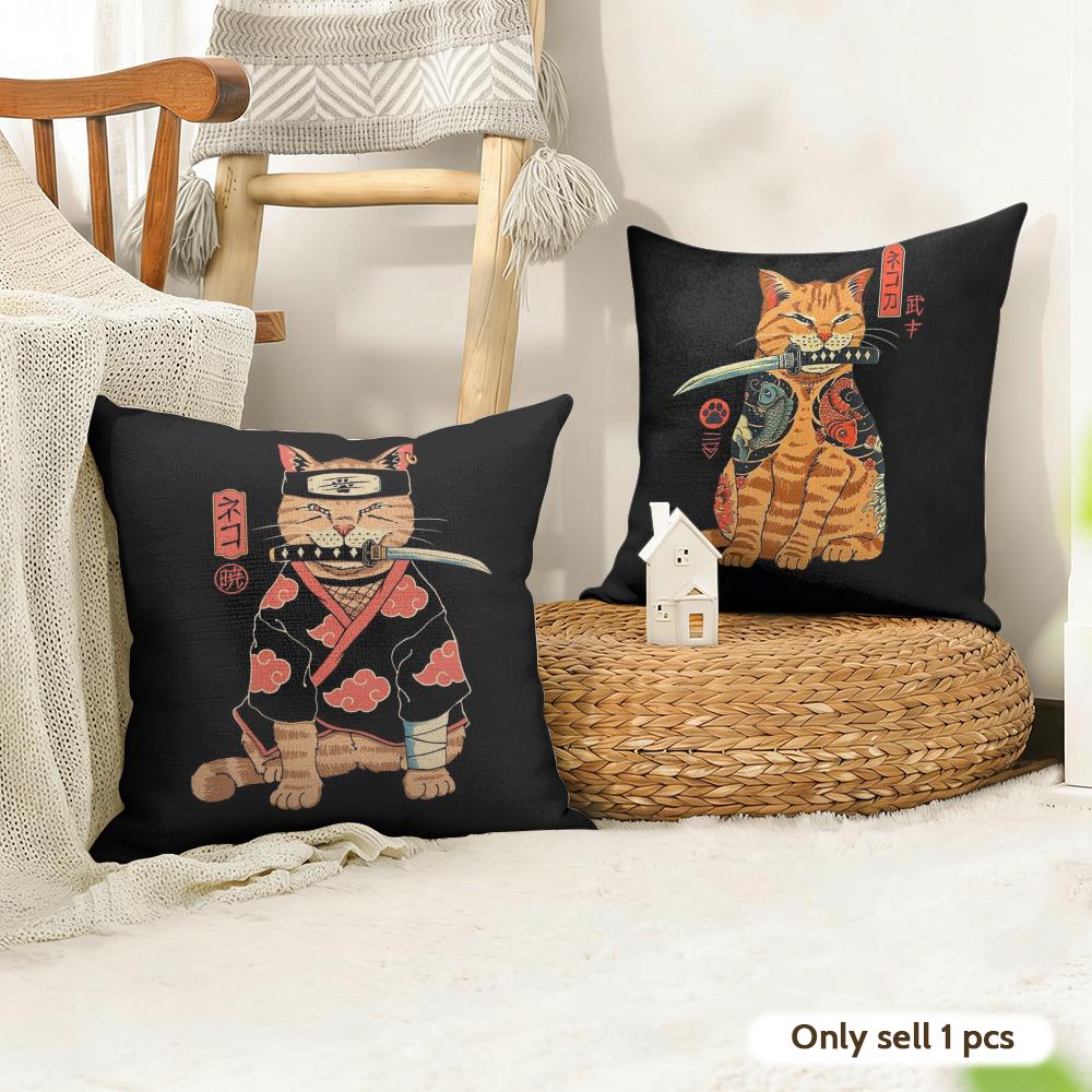 Japanese Style Cat Cushion Cover Natural Linen Organic Fabric DoubleSided Printing Sofa Home Decor Gift Pillow Case