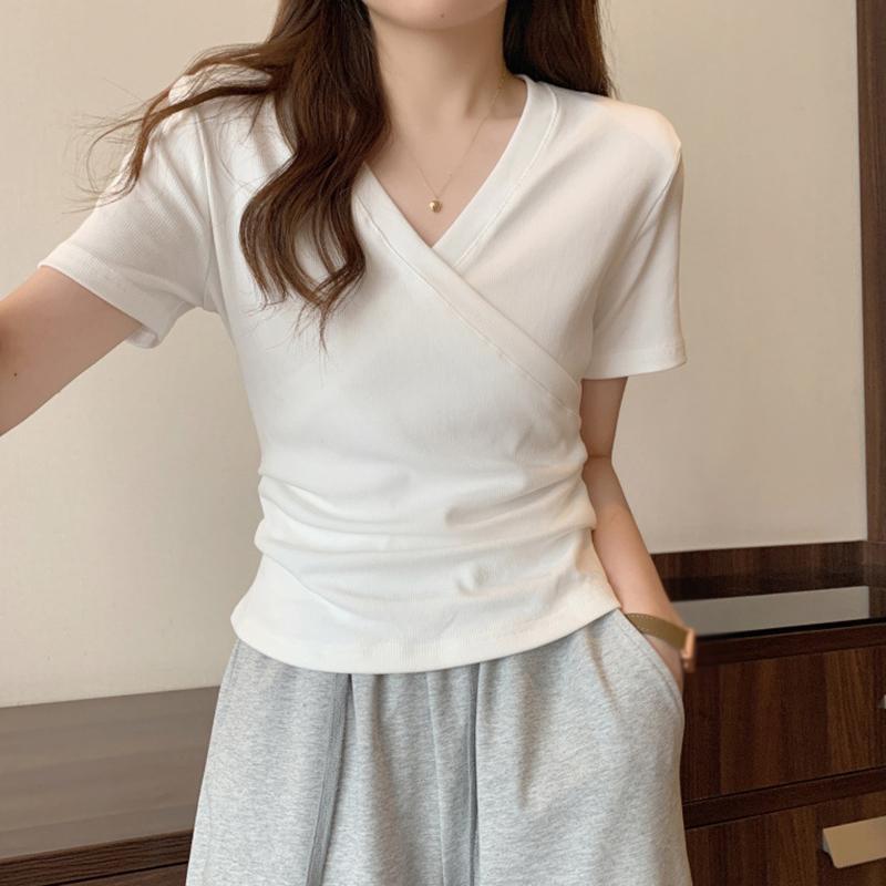 

Элегантная тонкая футболка с крестом и v-образным вырезом для женщин, однотонные тонкие топы с короткими рукавами, летний повседневный универсальный пуловер для девочек L