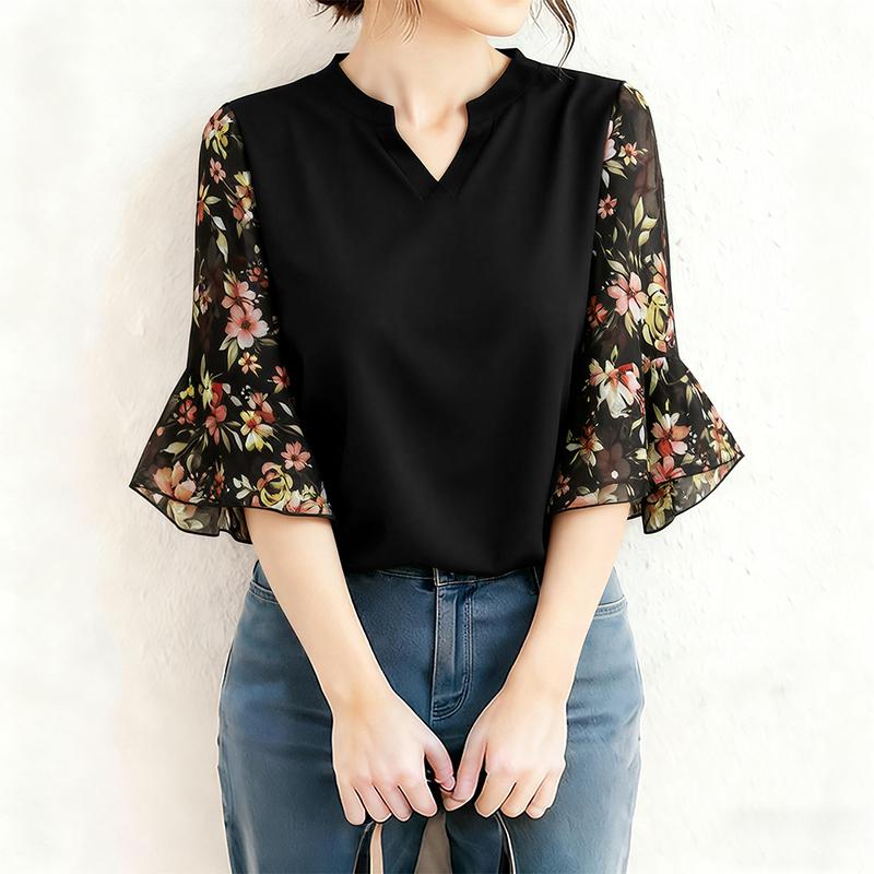 ZANZEA Women Floral Print Splice 3/4 Sleeve Casual V-Neck Blouse